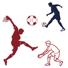 Soccer players in action with a ball and a goalkeeper diving to save a shot © vaijan