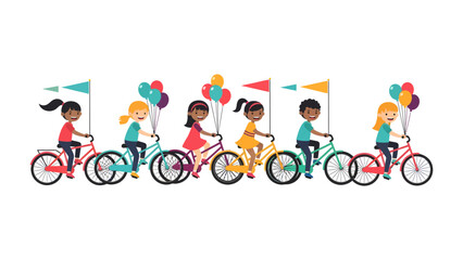Fototapeta premium Kids Cycling Parade: A joyful group of diverse children rides bicycles decorated with colorful balloons and flags, celebrating a fun-filled day.
