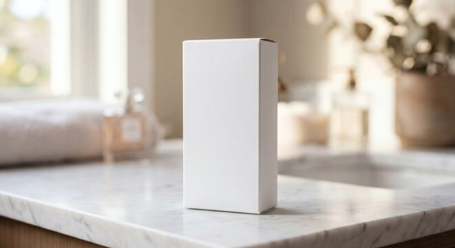 Blank white rectangular cosmetic box mockup on marble