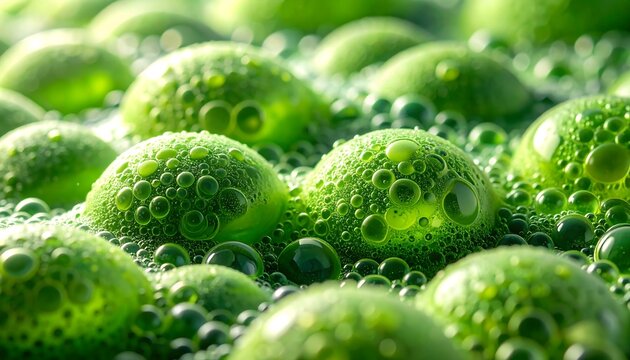 Green oxygen bubbles texture macro background of cosmetic foam or microalgae