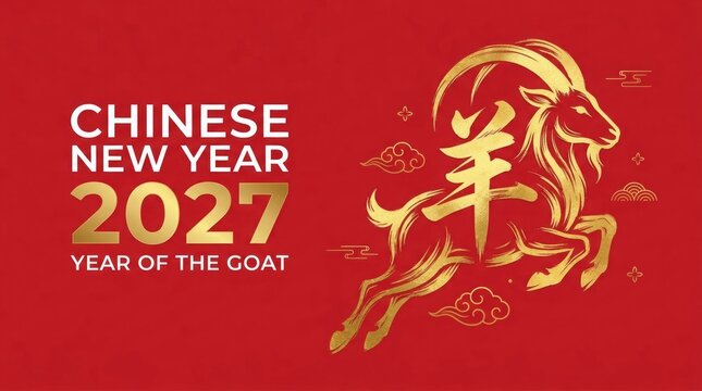 Golden goat illustration for chinese new year 2027 celebration with red background