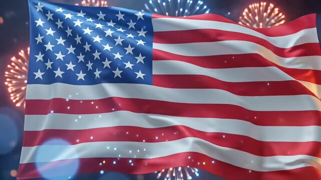 Waving American Flag with Fireworks Background for USA Independence Celebration Motion Footage