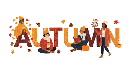 Autumn Alphabet: A charming illustration depicts the word Autumn formed by stylized letters, surrounded by cozy scenes of people enjoying the season, with falling leaves and warm beverages. © abidakhatun