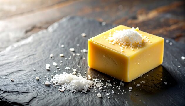 Close-up of a perfect single cube of golden butter sprinkled with sea salt crystals on a dark slate background