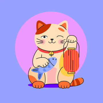 Netsuke cat. Maneki-neko. Cute lucky cat holding a fish and lantern in flat vector style. Asian culture. Good fortune symbols. For stickers, kids design, mascot, posters and festive decorations.