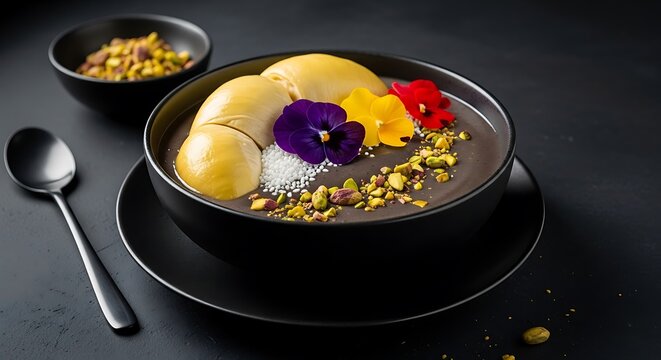 A gourmet durian smoothie bowl topped with fresh durian fruit, edible flowers, crunchy pistachio nuts, and tapioca pearls in a black modern bowl