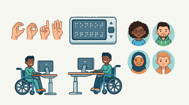 Vector illustration of accessibility and inclusivity elements including sign language, braille display, diverse avatars, and people in wheelchairs using computers