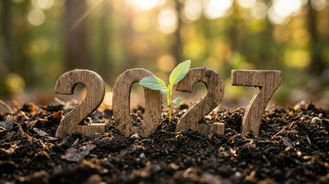 Wooden numbers forming 2027 with a small plant growing through the zero new year concept