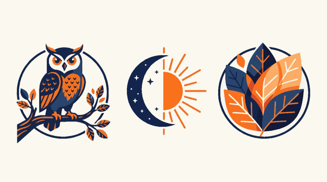 Vector illustration set with an owl on a branch, a half moon and sun symbol, and stylized leaves, presented in a clean flat graphic design style.