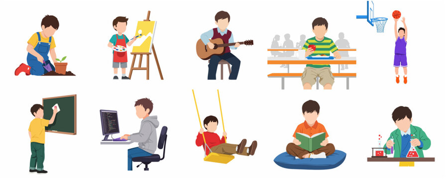 Set of Young Boy Characters Engaging in Various Hobbies, School Activities, and Learning Flat Vector Illustrations