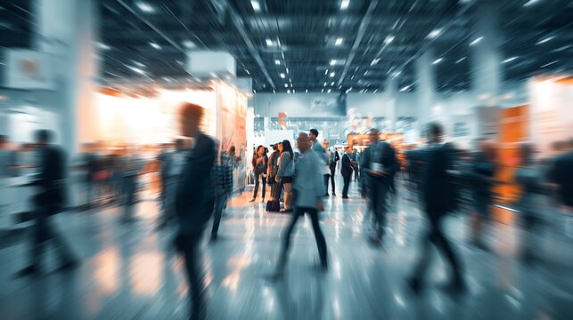 Blurred motion of people walking at a busy business conference