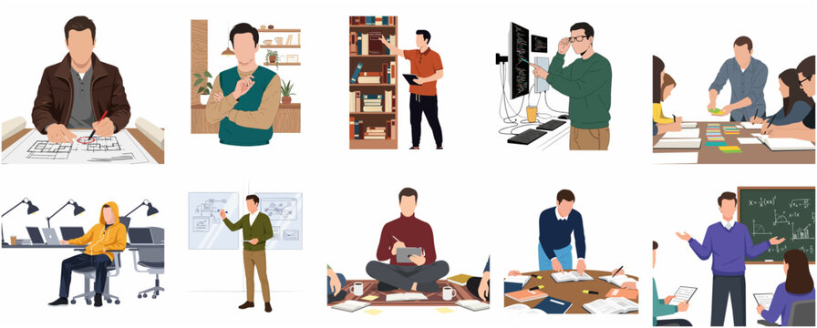 Flat Vector Illustration Set of Faceless Men in Various Professional, Educational, and Creative Work Situations
