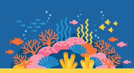 Vibrant underwater ocean scene featuring colorful coral reefs beautiful seaweeds seashells and schools of swimming tropical fishes in the deep blue sea ecosystem. © VectaNoor