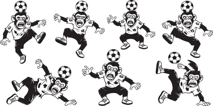 Set of Monkey Characters Playing Soccer in Various Action Poses