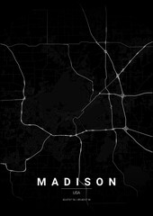 Obraz premium Modern Madison City Map Poster Design, Noir Style Urban Street Grid Cartography