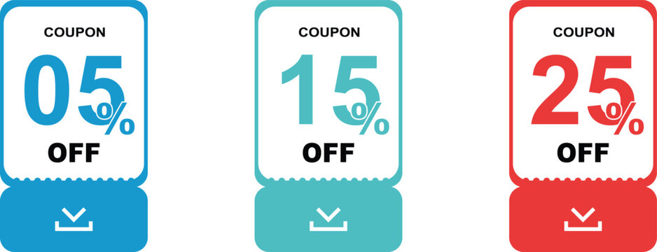 Three colorful discount coupons with different percentage off values Vector