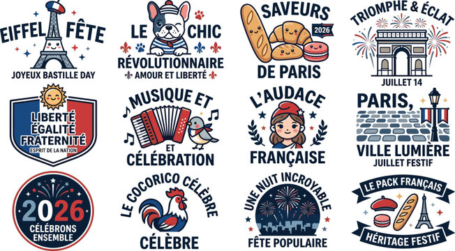 Bastille Day 2026 French Cute Badge Collection with Eiffel Fete Bulldog Accordion Rooster Arc Triomphe Baguette and Paris Lumiere Designs