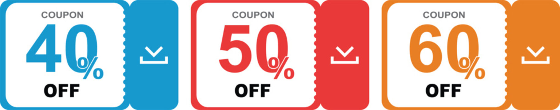 Three colorful discount coupons with different percentage off values Vector