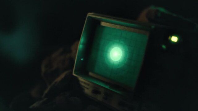 Close up of a hand holding a vintage cathode ray oscilloscope showing a glowing green signal