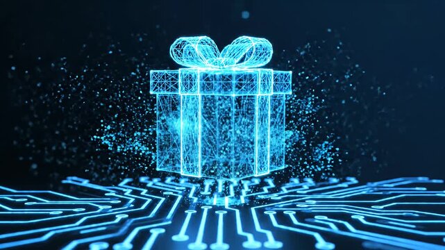 Digital gift box presentation on circuit board background