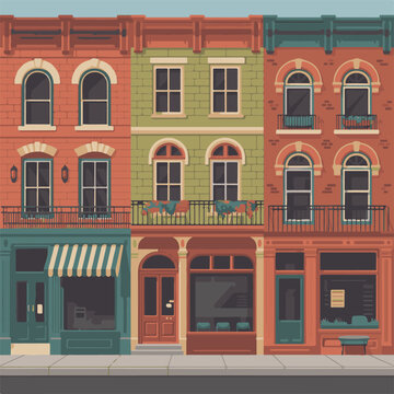 Pixel art illustration of colorful brick buildings with shops and apartments row houses buildings