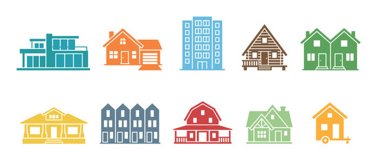 Fototapeta premium Diverse collection of colorful house and building icons representing various architectural styles, residential properties, and urban development.