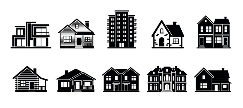Various house building apartment residential icons representing different architectural styles and dwelling types for real estate and urban planning concepts.