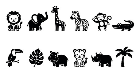 Naklejka premium Cute cartoon safari jungle animals and elements including lion, elephant, giraffe, zebra, monkey, alligator, toucan, hippopotamus, tiger, rhinoceros, monstera leaf, and palm tree.