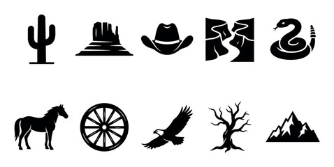 Obraz premium Western desert wilderness cowboy icons collection showcasing diverse symbols of the American frontier, rugged landscapes, and wildlife.