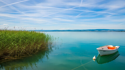 Naklejka premium Tranquil Lake Scene Boat on Calm Water, Reed Grass, Blue Sky with Clouds
