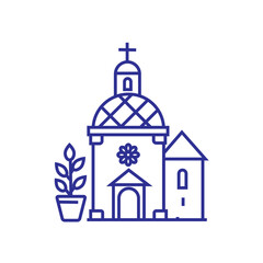 Obraz premium Hand drawn Mediterranean church with dome and coastal village style in travel outline design