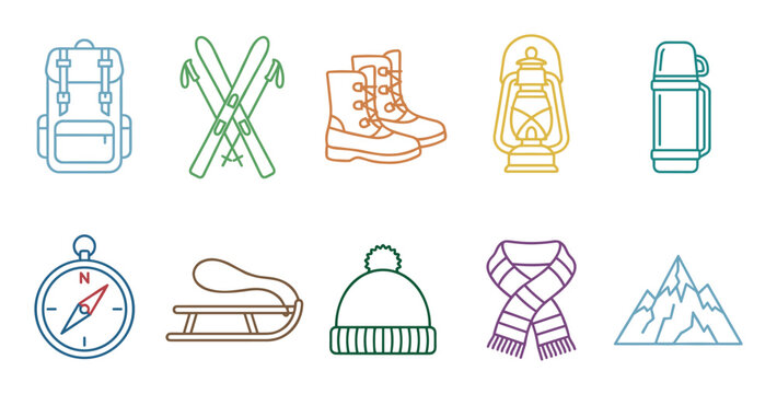Winter outdoor adventure equipment icons collection for recreation and travel, featuring various essential items like skis, boots, and a backpack.
