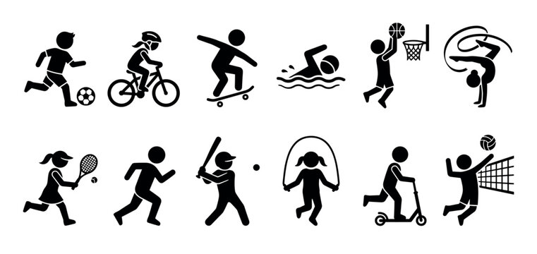 Collection of diverse sports and activity pictograms features people engaged in various athletic pursuits, showcasing an active and healthy lifestyle.