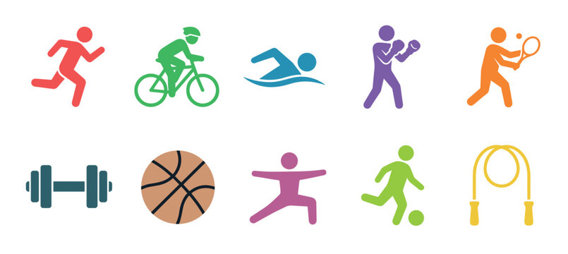 Colorful sports and fitness icons representing various athletic activities and exercise equipment are arranged in a clean, modern illustration.