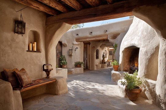 A desert retreat adobe with a shaded breezeway, nicho alcoves holding saint candles, and a chimenea in the courtyard