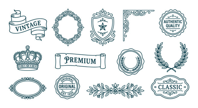 Collection of vintage labels, frames, and decorative elements featuring ornate badges, elegant banners, and classic design accents for branding and product packaging.