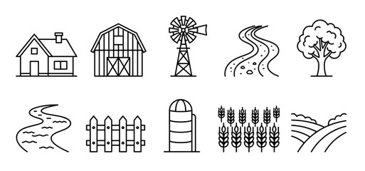 Fototapeta premium Farm and rural landscape elements depicted in a clean, minimalist line art icon set, illustrating various agricultural and countryside features.