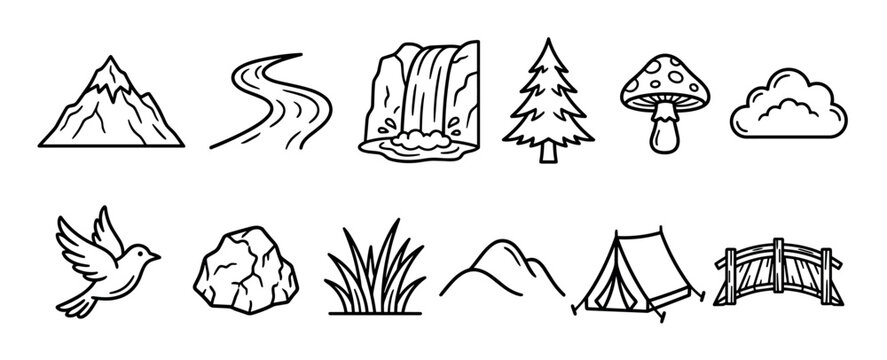 Nature outdoor elements icons collection features mountains, rivers, waterfalls, trees, mushrooms, clouds, birds, rocks, grass, hills, tents, and bridges.