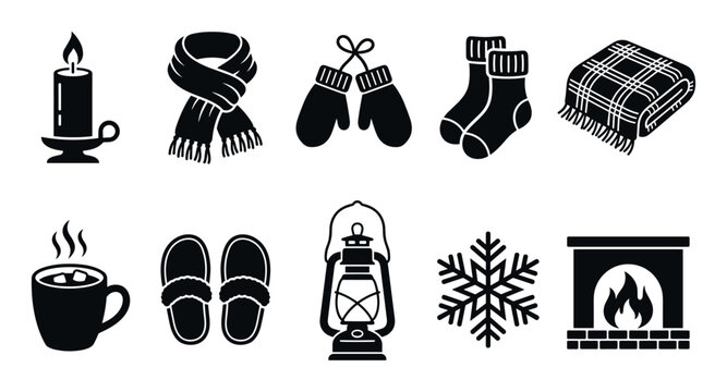 Illustrative collection of cozy winter comfort items and cold weather elements, perfect for seasonal designs and graphic resources.