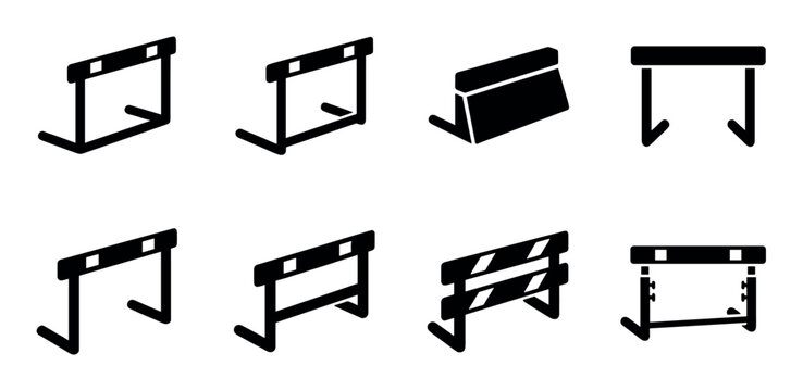 Isometric hurdle barrier obstacle icons set in black silhouette, representing challenges, progress, and athletic competition in a modern graphic style.