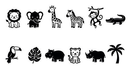 Naklejka premium Cute cartoon safari animals and tropical plants set in a simple black and white illustration style, perfect for children's designs and educational materials.