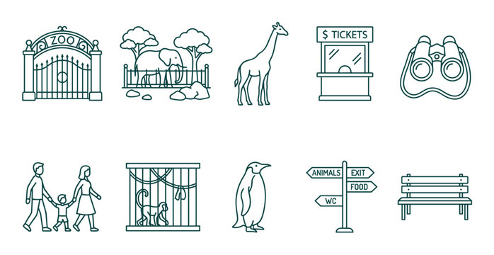 Zoo elements collection featuring various animals like elephants, giraffes, monkeys, and penguins, alongside visitors, a ticket booth, and directional signs in a simple line art style.