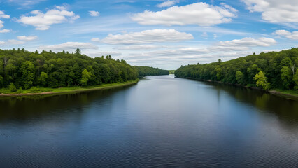 Fototapeta premium Scenic River Landscape, Forest and Blue Sky, Peaceful Nature Panorama
