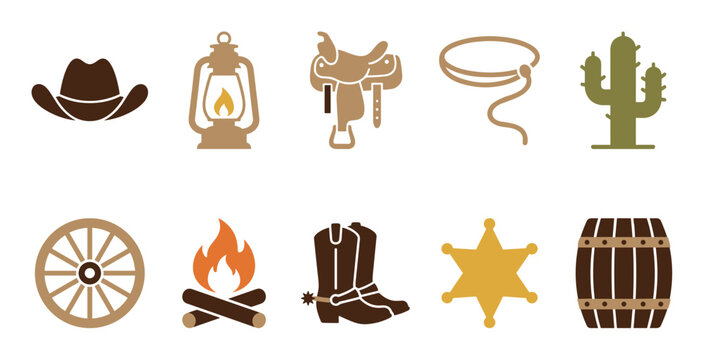 Cowboy hat, lantern, saddle, lasso, cactus, wagon wheel, campfire, boot, sheriff star, and barrel icons represent classic elements of the American Wild West.