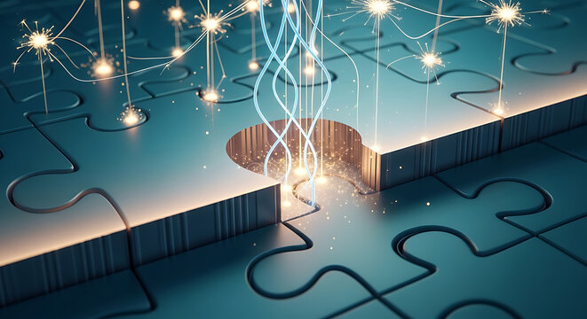 Conceptual image showing glowing blue fiber optic cables passing through hole in jigsaw puzzle pieces representing integrated solutions and complex problem solving in technical fields.