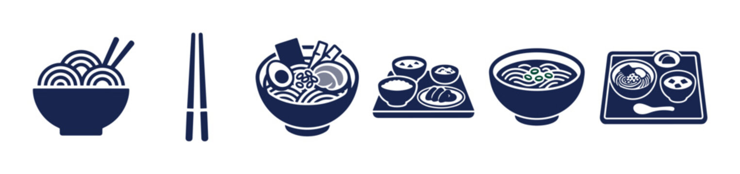 Various Asian food icons including noodle dishes, ramen bowls, and bento sets are presented in a clean, minimalist vector illustration style.