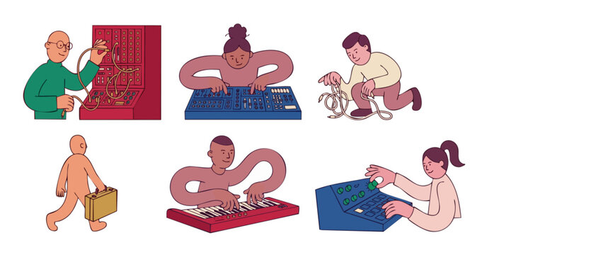 Music Producers Sound Engineering Illustration, People Operating Audio Mixers, Synthesizers and Modular Gear, Creative Musicians Recording Studio Workflow and Electronic Production Icons for Media Des