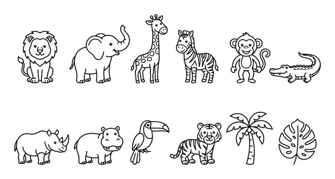 Safari jungle animals and plants outline collection featuring cute cartoon lion, elephant, giraffe, zebra, monkey, and other wild creatures with tropical foliage.