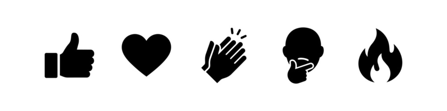 Set of minimalist black social media reaction icons including thumbs up, heart, clapping hands, thinking face, and fire symbol. Ideal for UI/UX design, digital marketing, and user engagement.