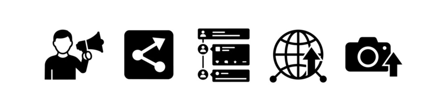 Set of black social media and digital marketing icons featuring a megaphone, network graph, chat feed, global reach globe, and photo upload camera. Vector symbols for online communication.